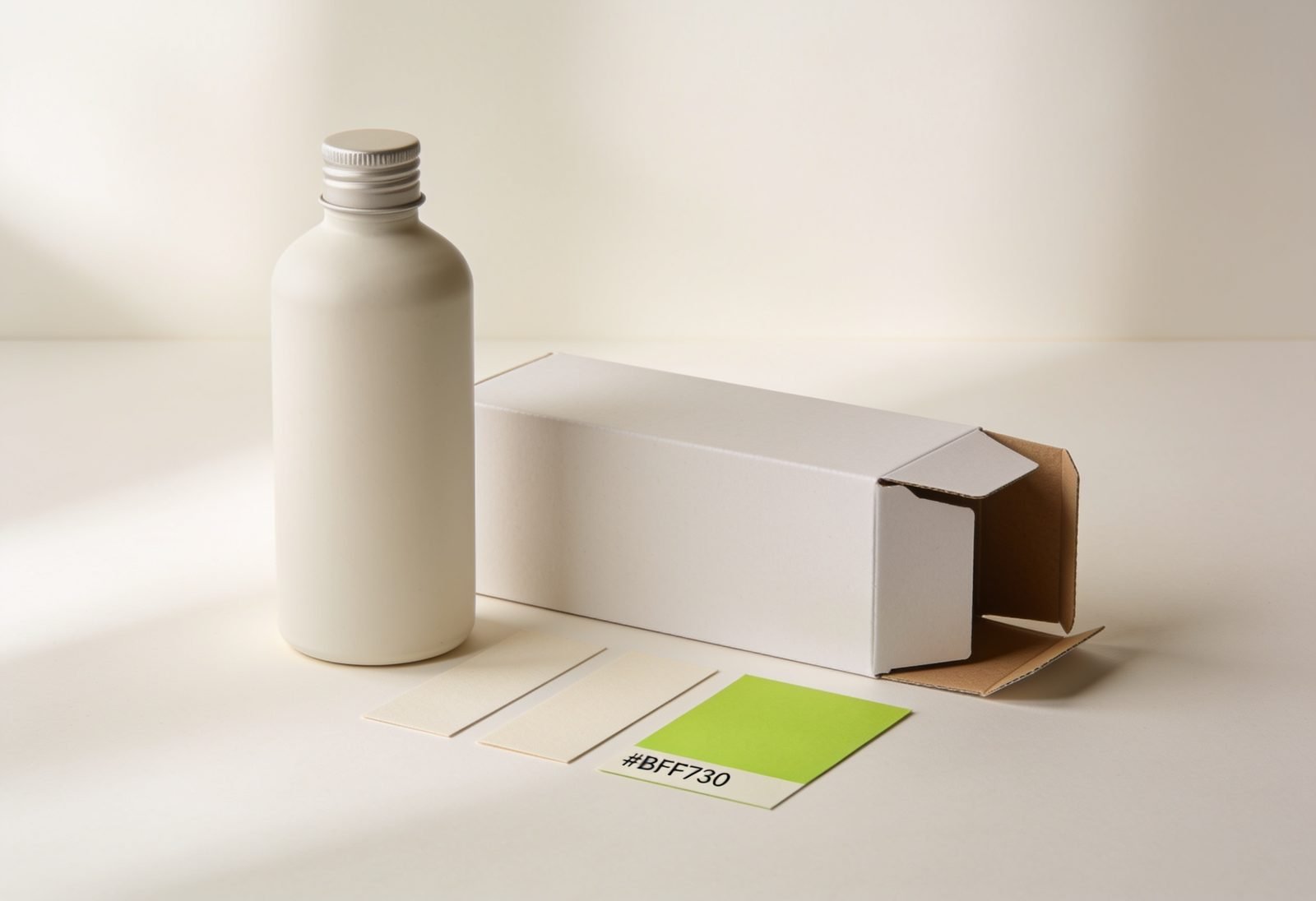 Frasco, cartucho planificado e amostras / Bottle, flat carton blank and swatches